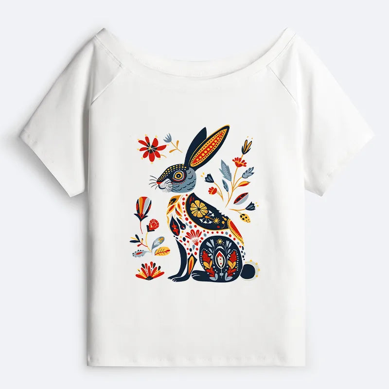Kyoto-Lion Folk Hare Bloom Off Shoulder T-Shirt