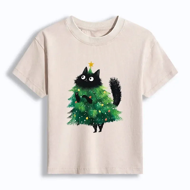 Kyoto-Lion Christmas Tree Cat Japan Women's Washed T-shirt