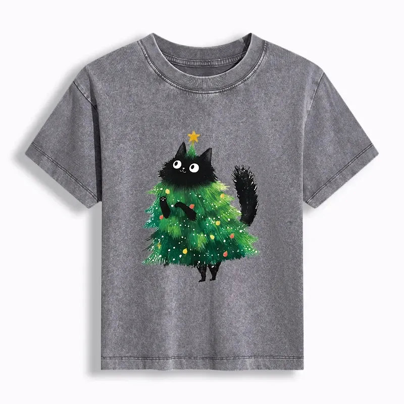 Japanese Cat Christmas Tree Washed Tee