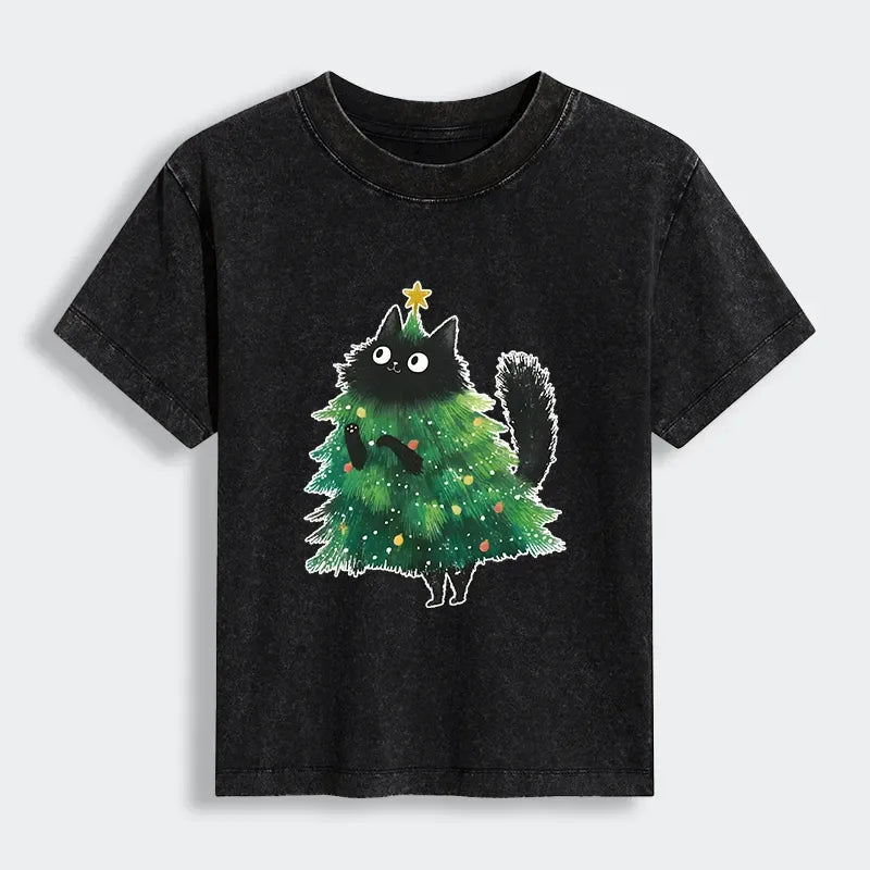 Kyoto-Lion Christmas Tree Cat Japan Women's Washed T-shirt