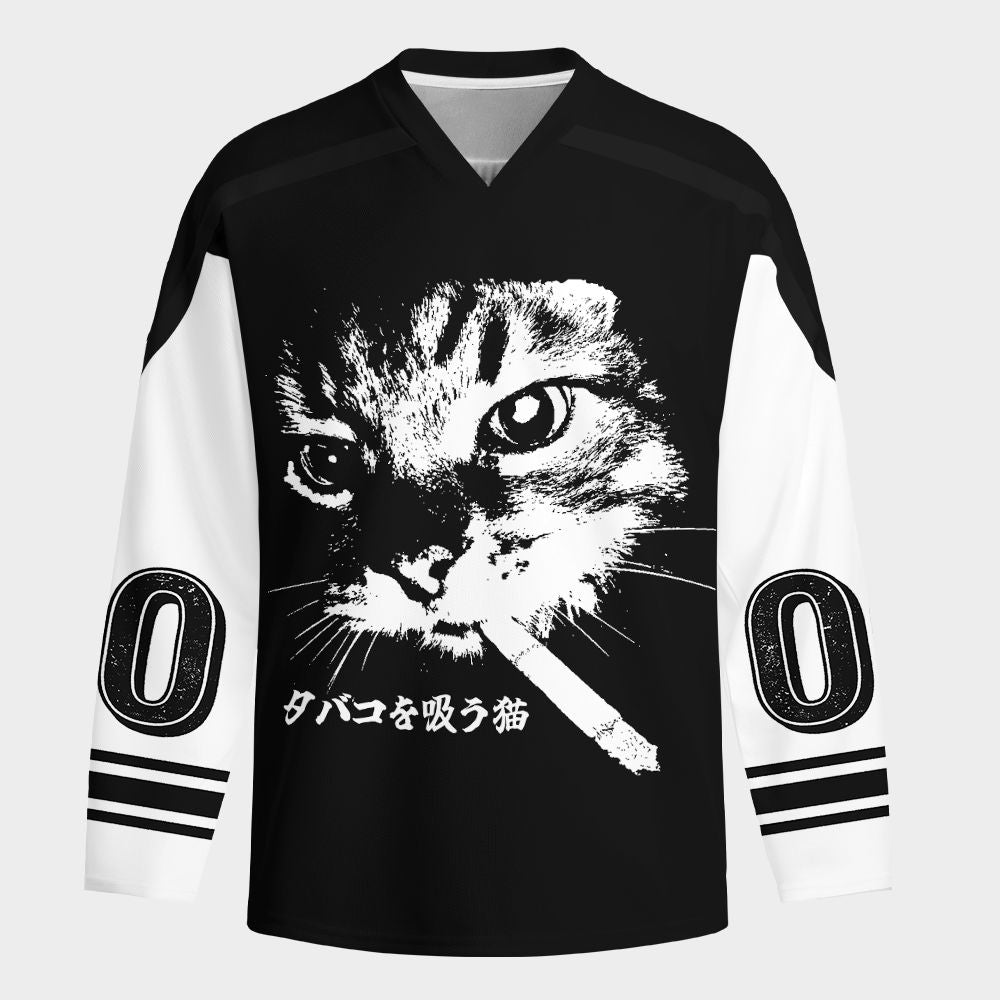 Kyoto-Lion Retro Cat Smoking Long-Sleeve Hockey Jersey