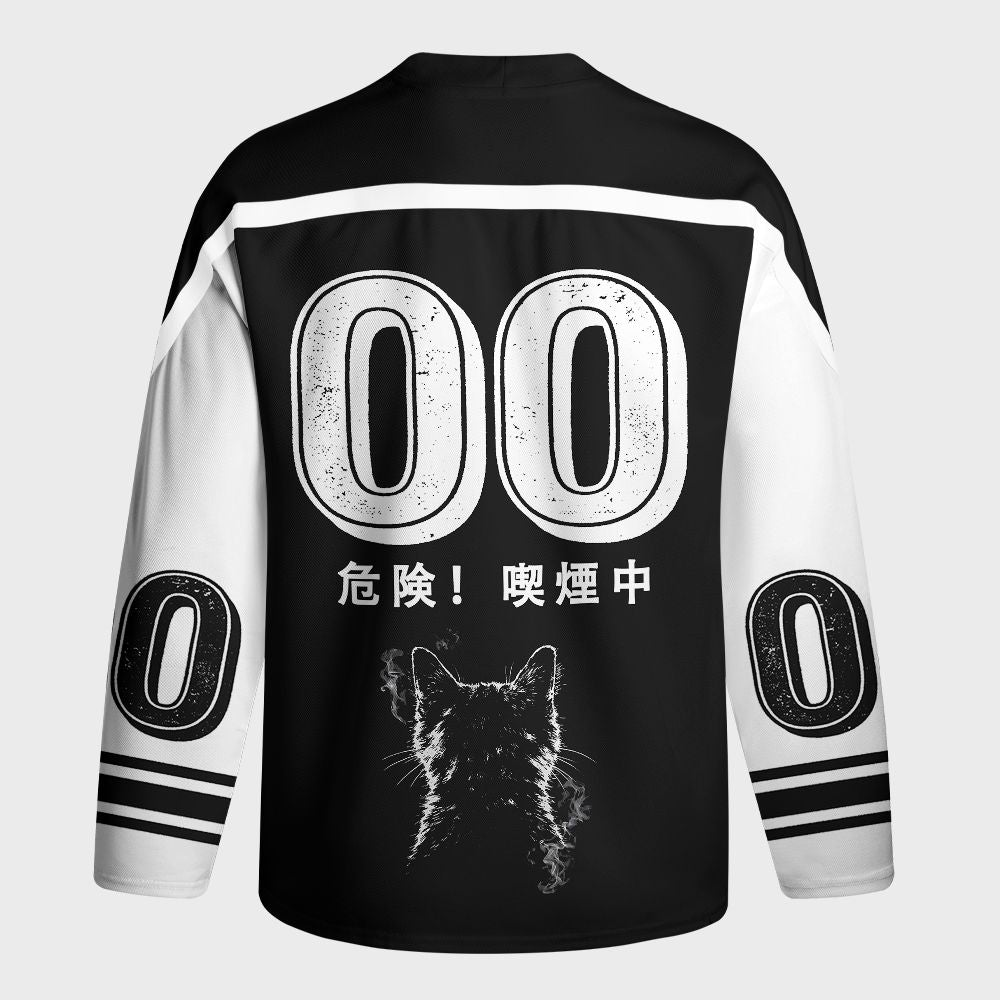 Kyoto-Lion Retro Cat Smoking Long-Sleeve Hockey Jersey