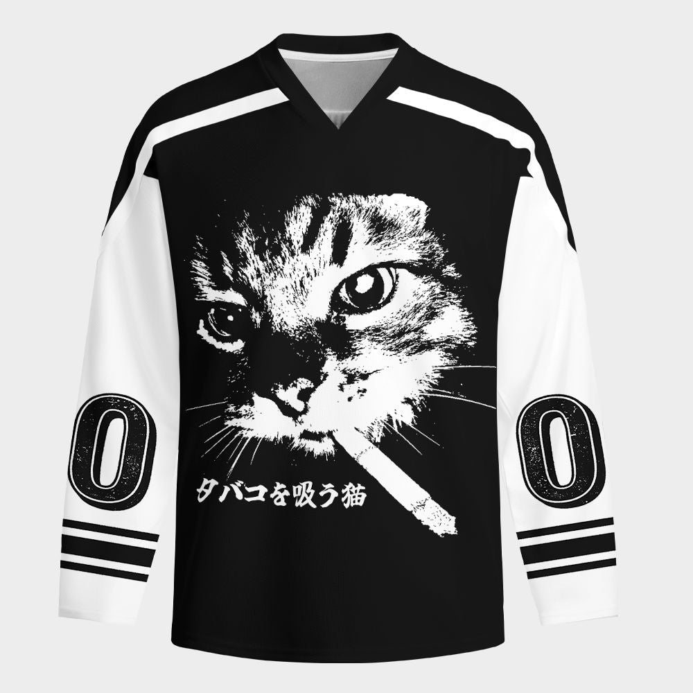 Kyoto-Lion Retro Cat Smoking Long-Sleeve Hockey Jersey