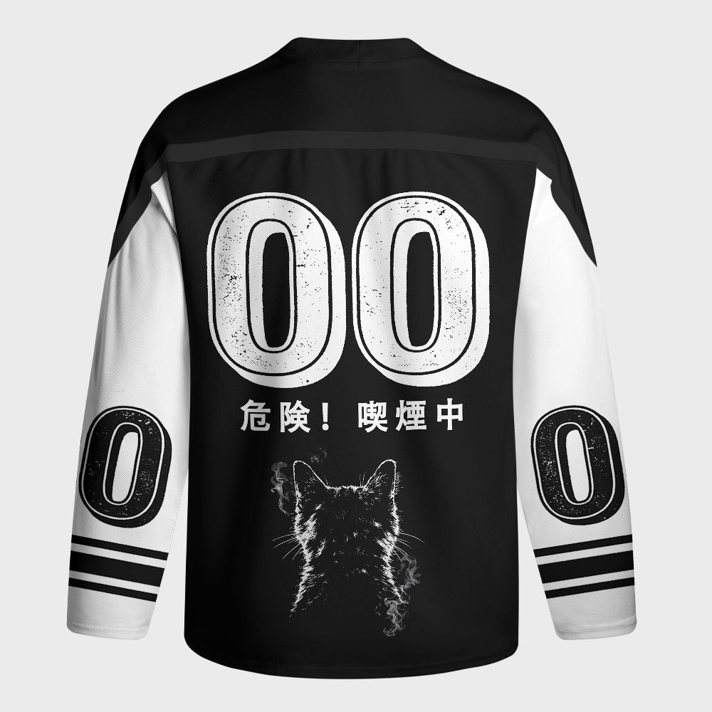 Kyoto-Lion Retro Cat Smoking Long-Sleeve Hockey Jersey