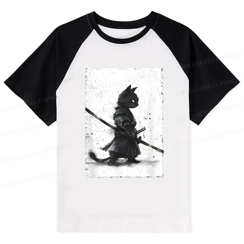 Kyoto-Lion Retro Cat Samurai Japanese Raglan T-shirt