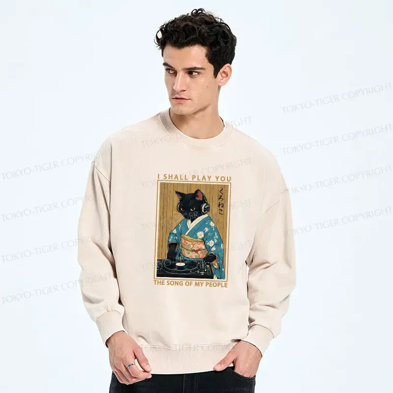 Kyoto-Lion Funny Playing Music Black Cat Washed Sweatshirt