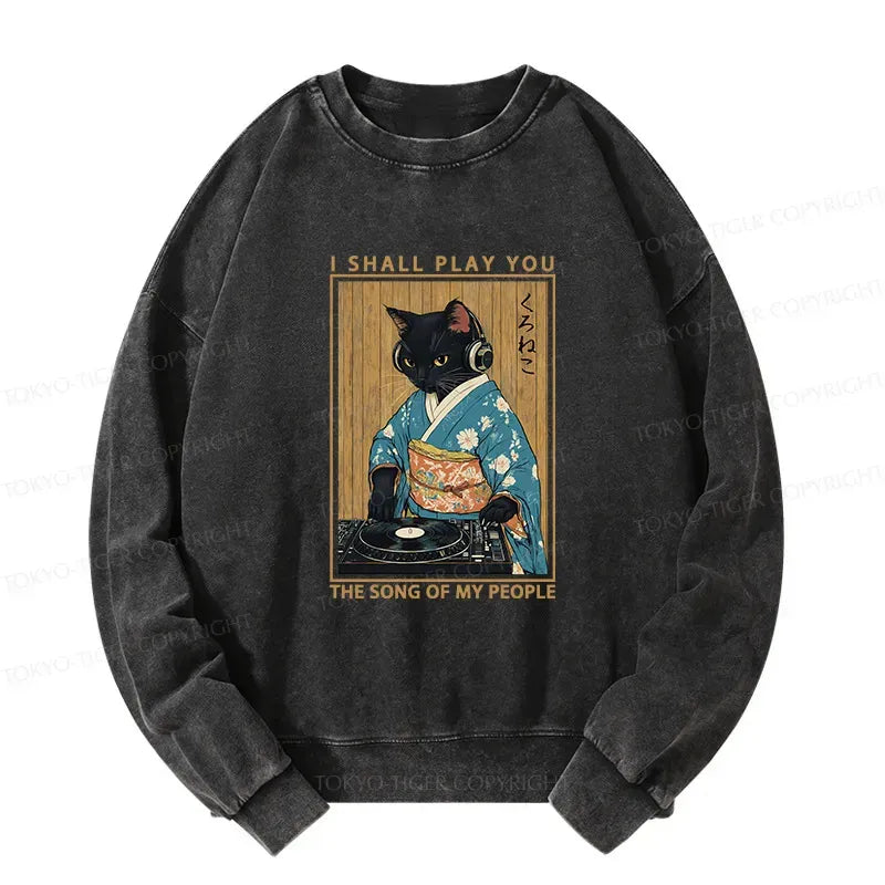 Kyoto-Lion Funny Playing Music Black Cat Washed Sweatshirt