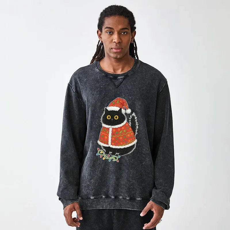 Kyoto-Lion Cat Wearing Santa Hat Washed Terry Sweatshirt