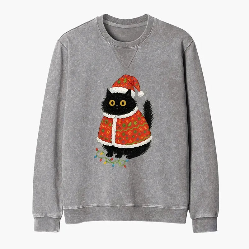 Kyoto-Lion Cat Wearing Santa Hat Washed Terry Sweatshirt