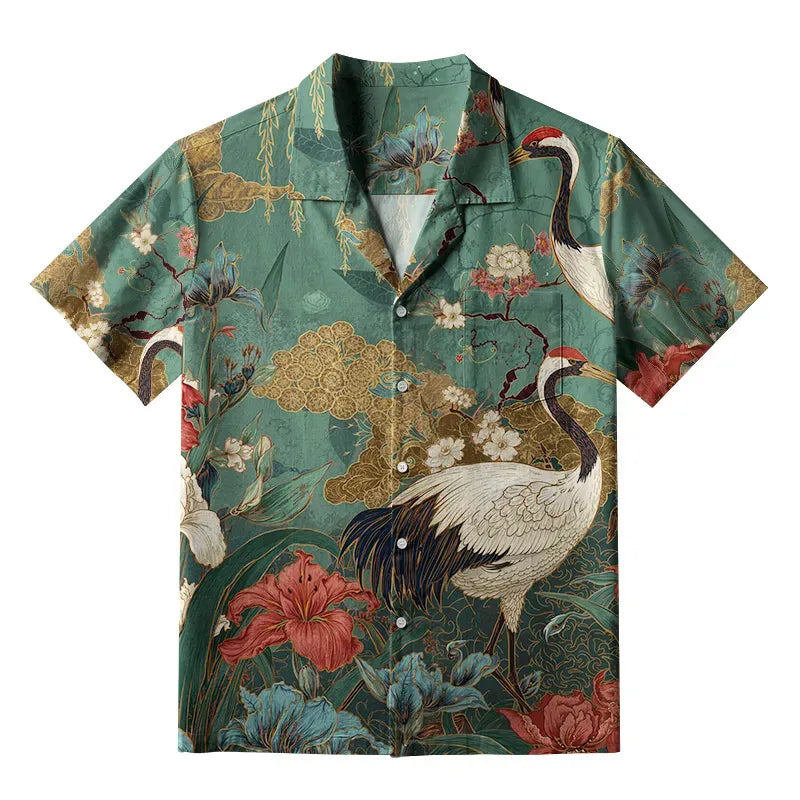 Kyoto-Lion Red-Crowned Crane In The Garden Aloha Hawaiian Shirt