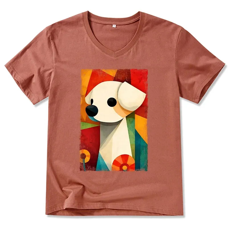 Kyoto-Lion Retro Abstract Color Block Puppy Art V-Neck Classic T-Shirt