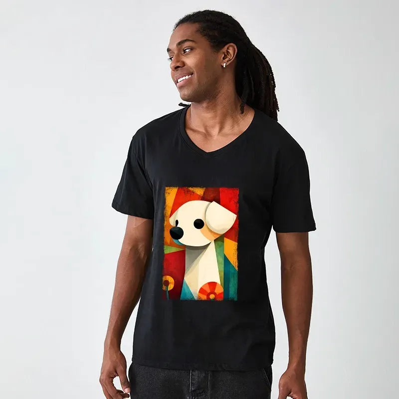 Kyoto-Lion Retro Abstract Color Block Puppy Art V-Neck Classic T-Shirt