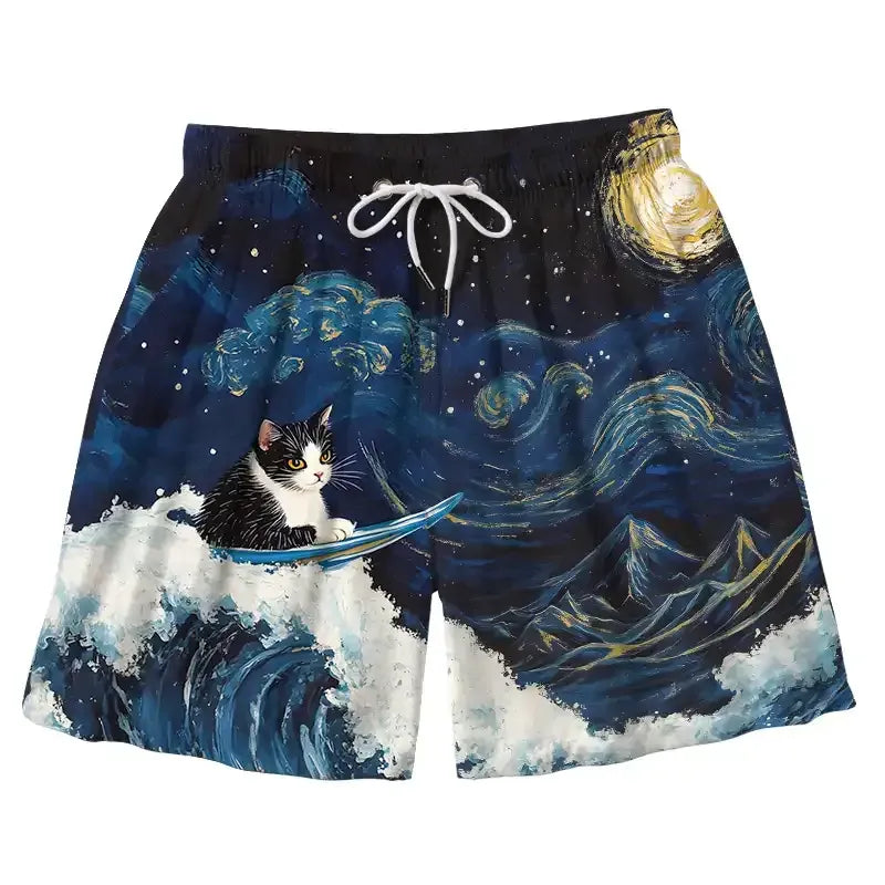 Japanese Great Wave Cat Swim Trunks for Beach