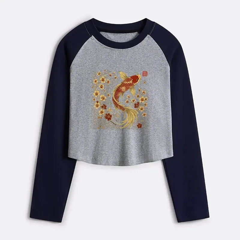 Kyoto-Lion Vintage Sakura And Koi Women's Crop Raglan T-Shirt