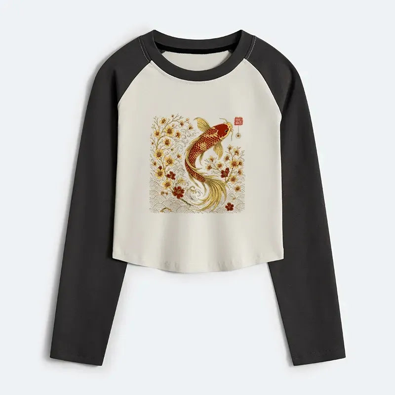 Kyoto-Lion Vintage Sakura And Koi Women's Crop Raglan T-Shirt