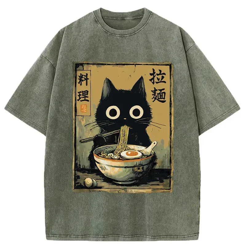 Kyoto-Lion Cute Black Cat Eating Ramen Japan Washed T-Shirt