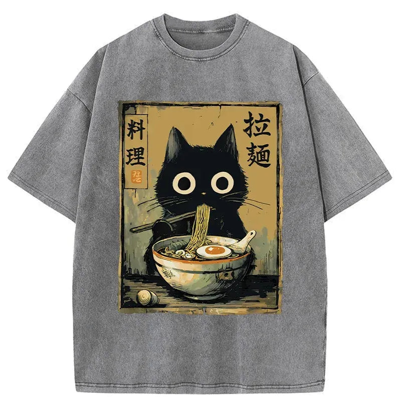 Kyoto-Lion Cute Black Cat Eating Ramen Japan Washed T-Shirt