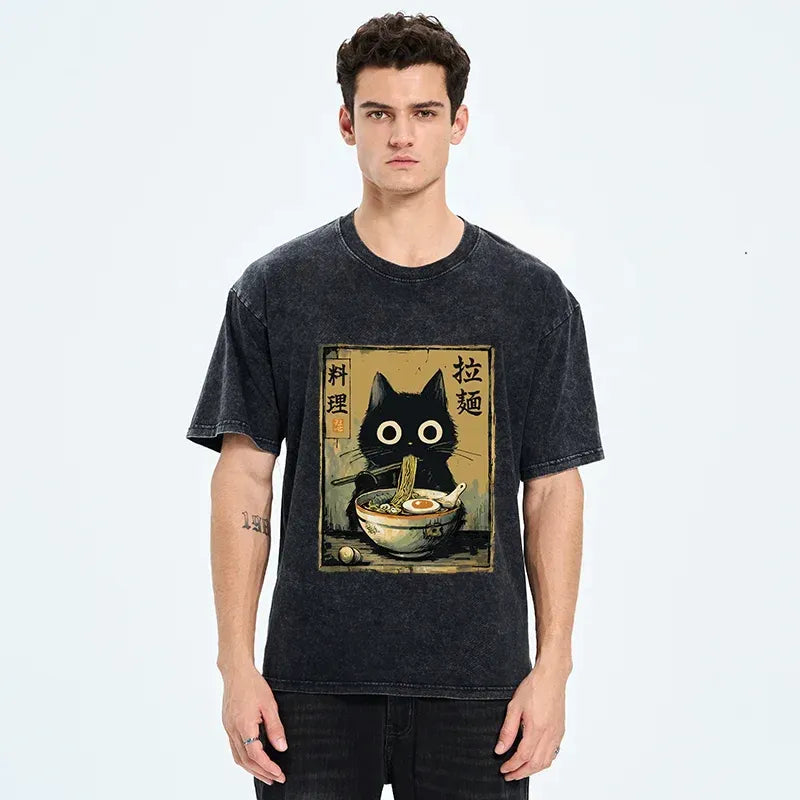 Kyoto-Lion Cute Black Cat Eating Ramen Japan Washed T-Shirt