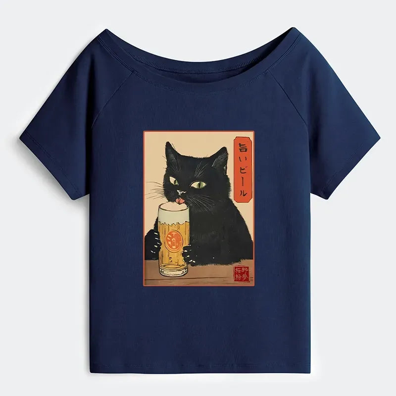 Kyoto-Lion Cat Holding A Glass Of Beer Off Shoulder T-Shirt