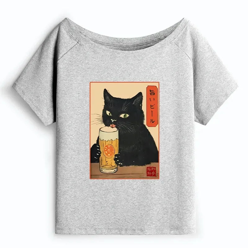 Japanese Cat Holding Beer T-Shirt Gift for Her