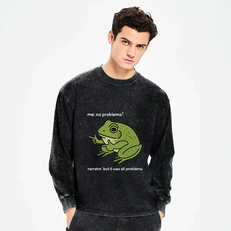 Kyoto-Lion Stupid Frog Meme Washed Long Sleeve T-Shirt
