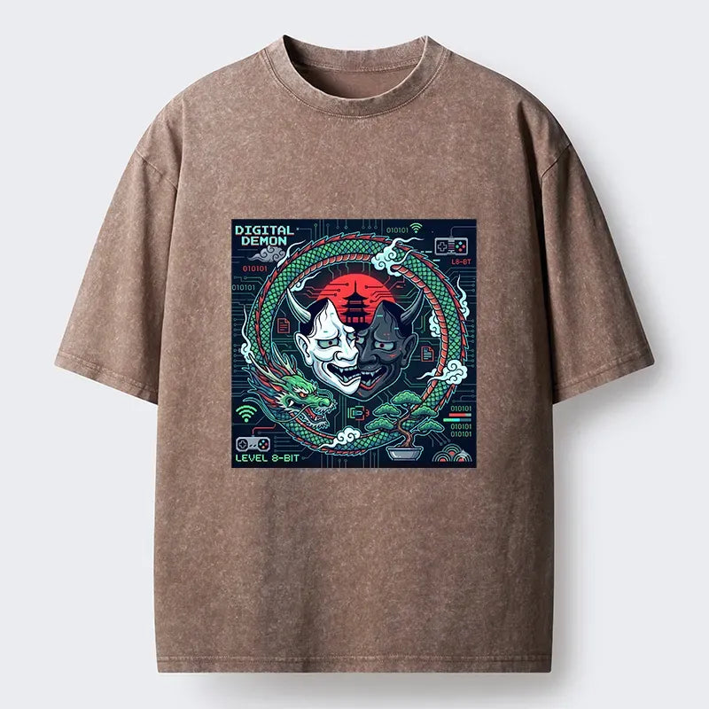 Kyoto-Lion Japanese Oni Mask Hannya Game Washed T-Shirt