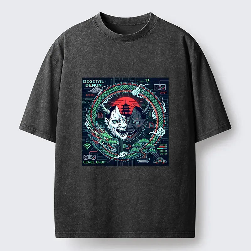 Kyoto-Lion Japanese Oni Mask Hannya Game Washed T-Shirt