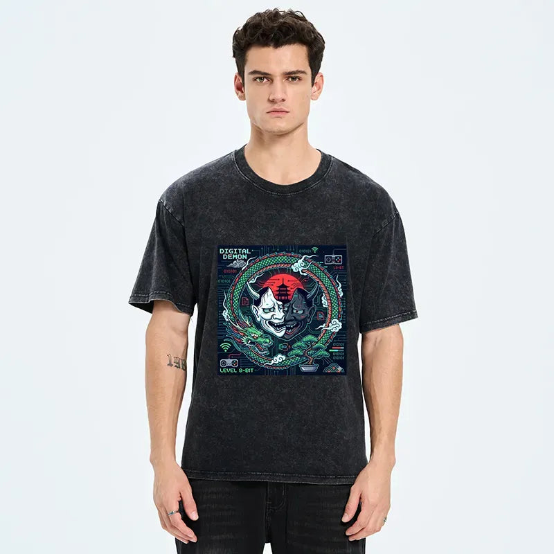 Kyoto-Lion Japanese Oni Mask Hannya Game Washed T-Shirt