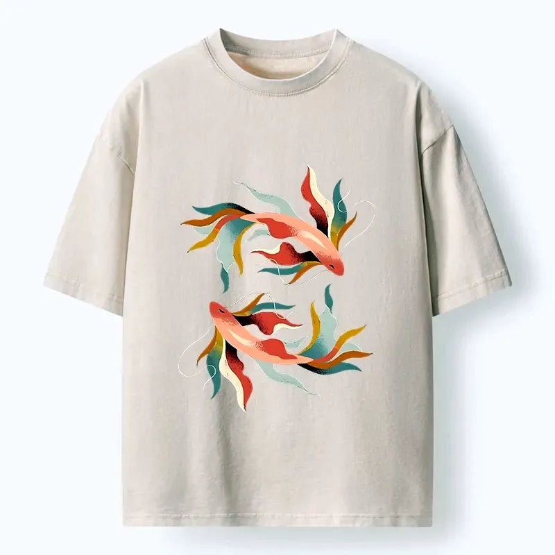 Japanese Koi Fish Washed T-Shirt for Daily Wear