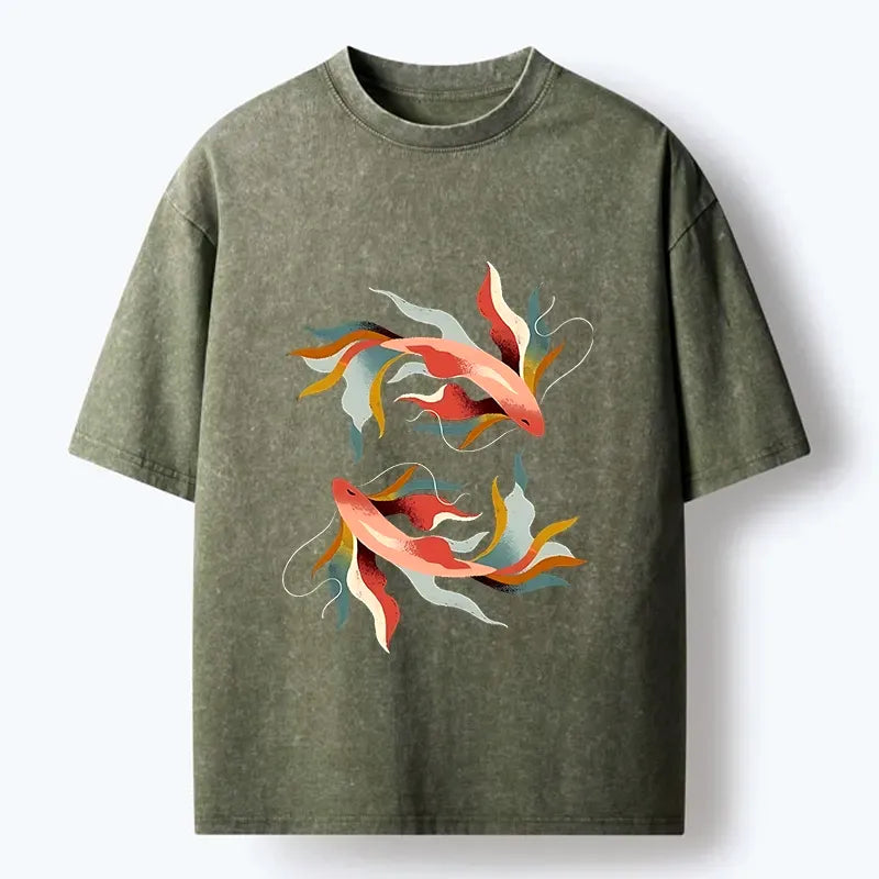 Kyoto-Lion Twin Color Koi Fish Washed T-Shirt