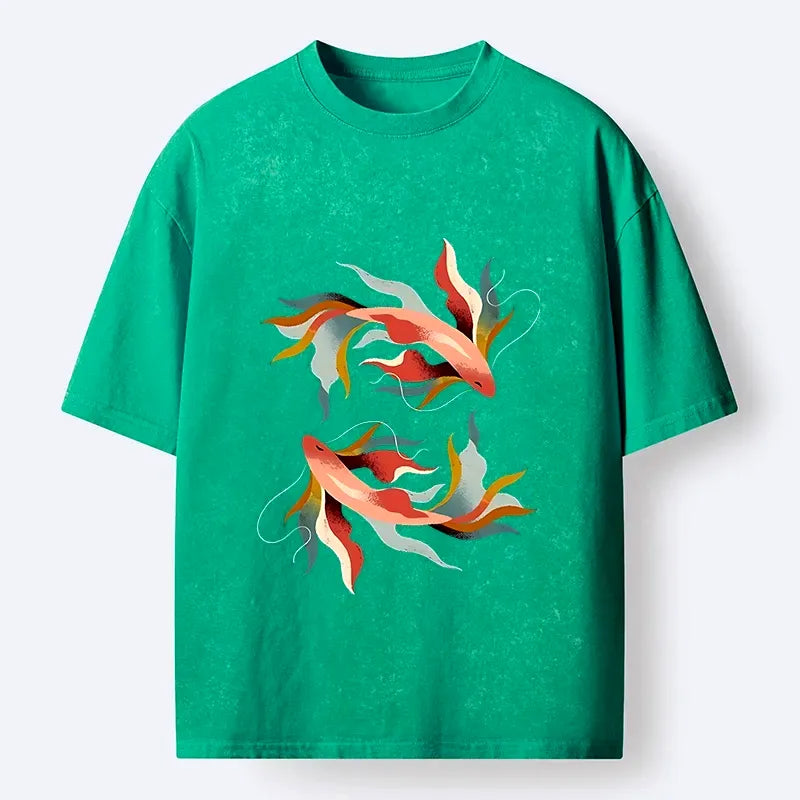 Japanese Koi Fish Washed T-Shirt for Daily Wear
