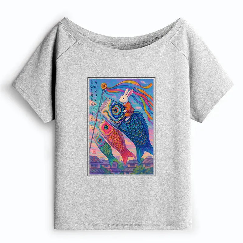 Kyoto-Lion Ukiyoe Rabbit Ride Carp Streamer Poster Off Shoulder T-Shirt
