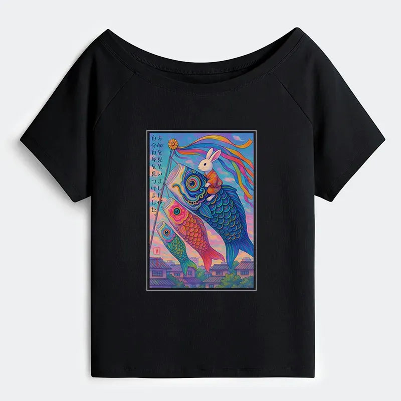 Kyoto-Lion Ukiyoe Rabbit Ride Carp Streamer Poster Off Shoulder T-Shirt