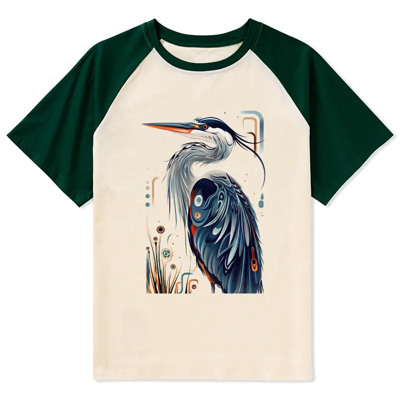 Kyoto-Lion Stylish Blue Heron Raglan T-shirt