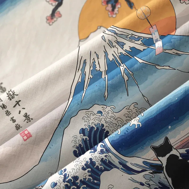 Kyoto-Lion Cat Looking At The Great Wave Button-up Shirt