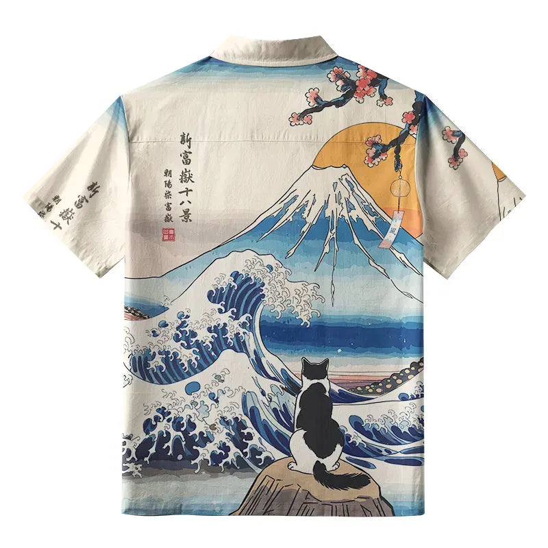 Kyoto-Lion Cat Looking At The Great Wave Button-up Shirt