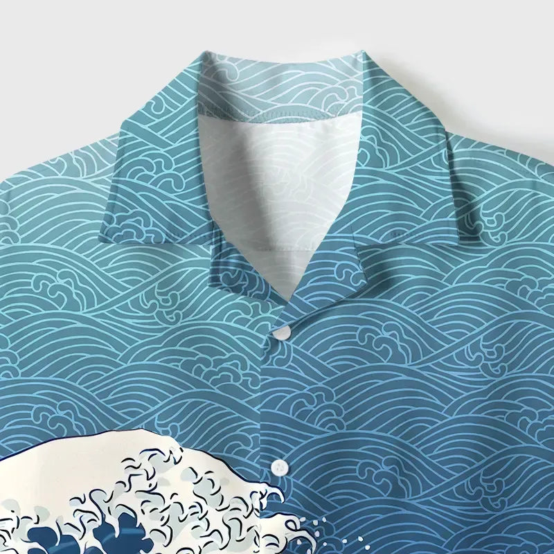Kyoto-Lion The Great Wave Off Fuji Aloha Cuban Collar Shirt