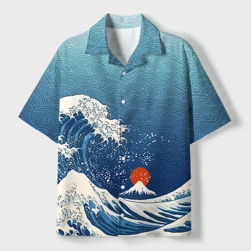 Kyoto-Lion The Great Wave Off Fuji Aloha Cuban Collar Shirt