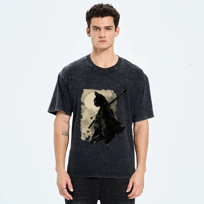 Kyoto-Lion Under The Moon Cat Samurai Washed T-Shirt