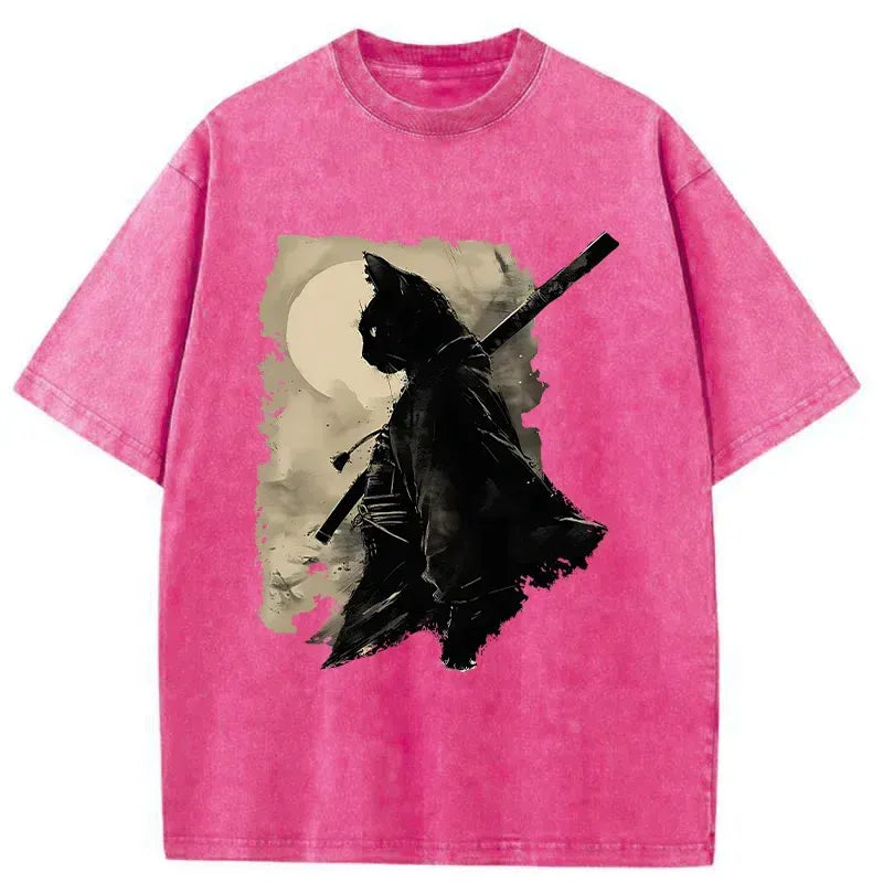 Kyoto-Lion Under The Moon Cat Samurai Washed T-Shirt