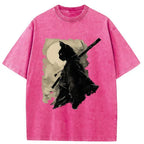 Kyoto-Lion Under The Moon Cat Samurai Washed T-Shirt