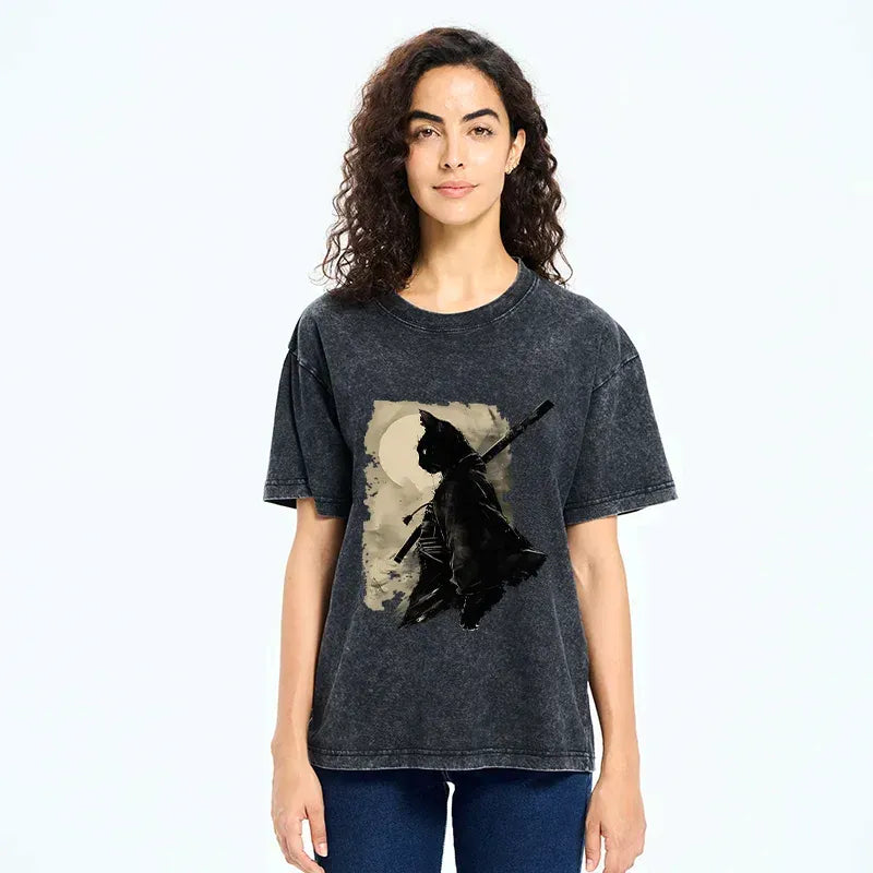 Cat Samurai Ukiyo-e T-Shirt for Streetwear
