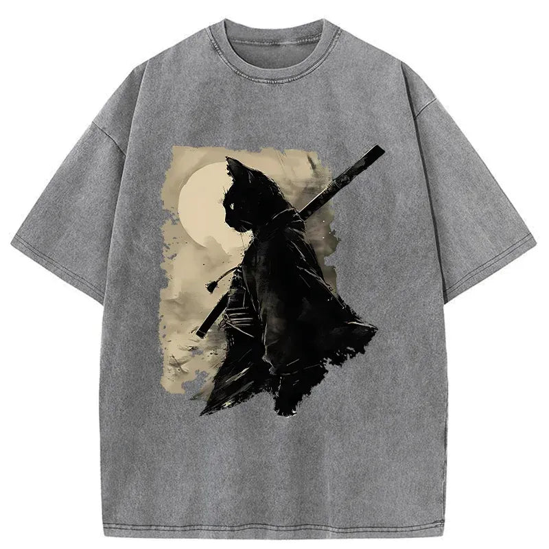 Japanese Cat Samurai Washed T-Shirt