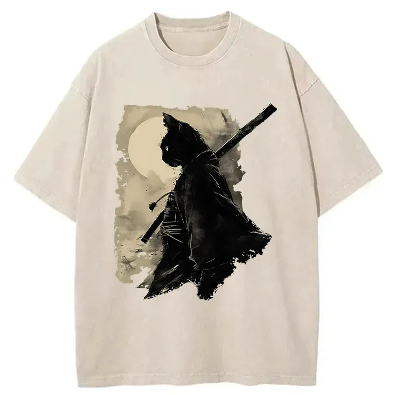 Japanese Cat Samurai Washed T-Shirt