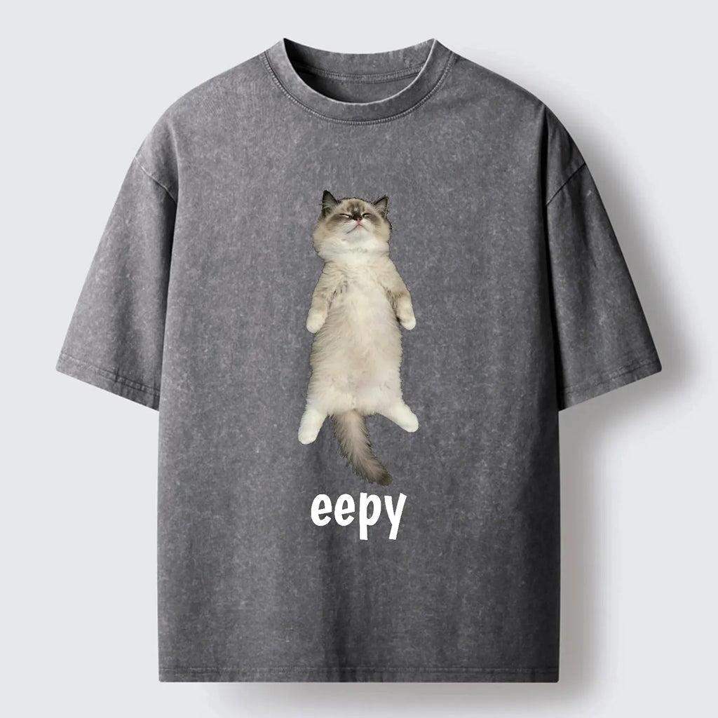 Kyoto-Lion Cute Eepy Cat Washed T-Shirt
