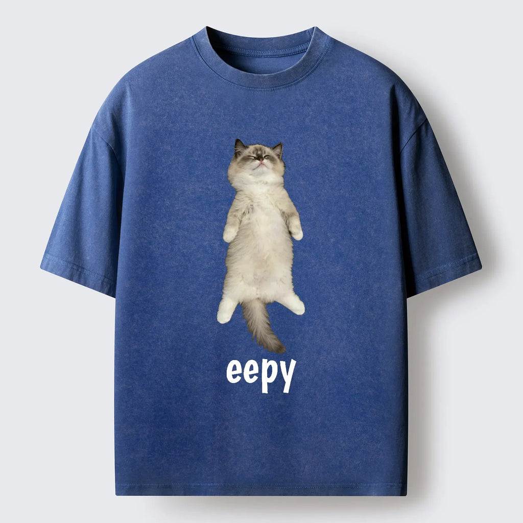 Kyoto-Lion Cute Eepy Cat Washed T-Shirt