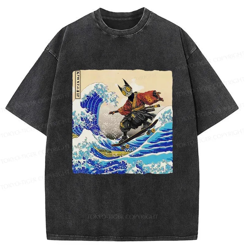Kyoto-Lion Surfing Machine Cat Washed T-Shirt