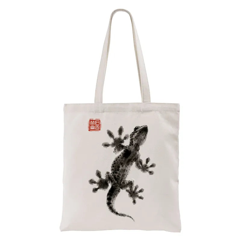 Kyoto-Lion Minimal Asian Ink Brush Gecko Vibe Tote Bag