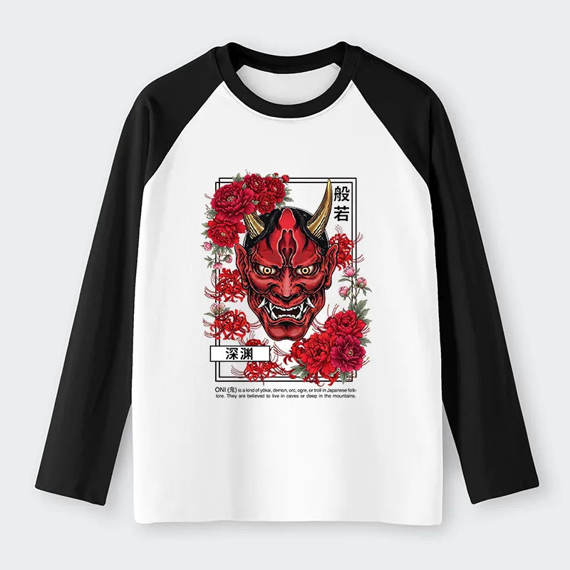 Kyoto-Lion Cool Oni Floral Art Raglan Long Sleeve T-shirt