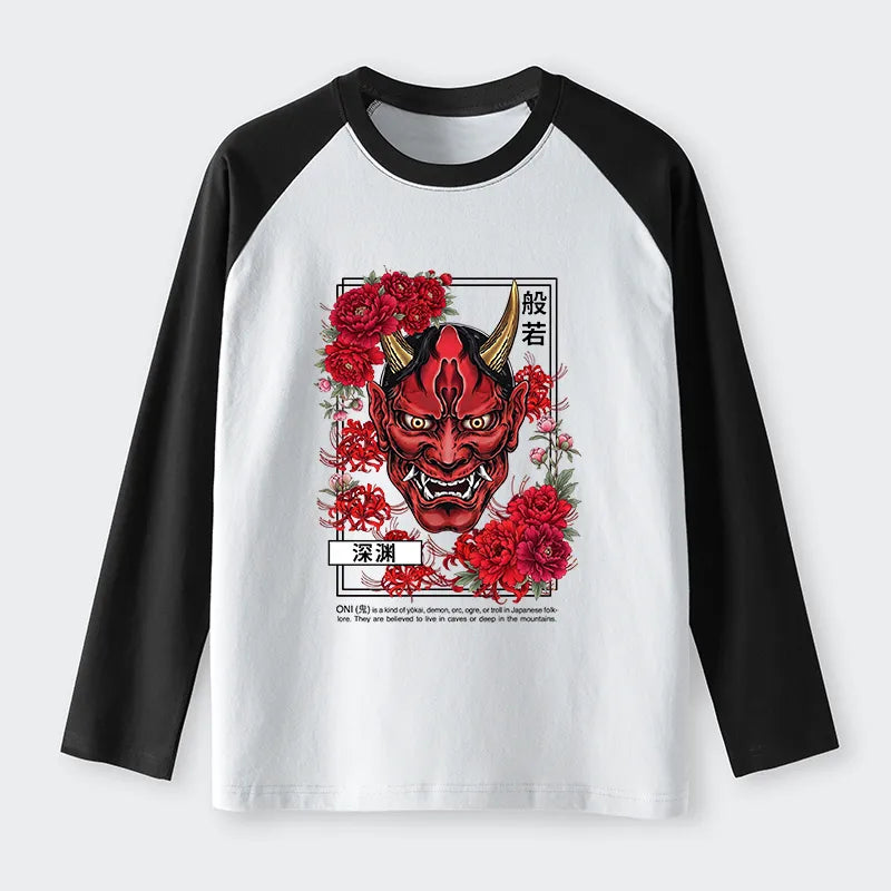 Kyoto-Lion Cool Oni Floral Art Raglan Long Sleeve T-shirt
